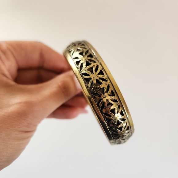 Vintage Brass Bangle Bracelet Set Cloisonne Boho Bohemian Jewlery 1970s Eclectic - Picture 4 of 6